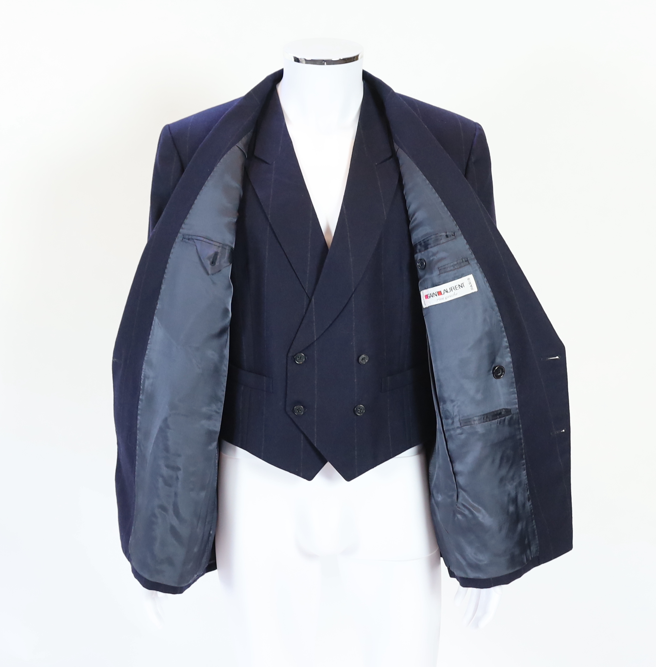 A Saint Laurent rive gauche gentlemen's navy chalk stripe three-piece double breasted wool suit, jacket 42